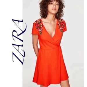 Zara knit orange embroidered floral wrap dress